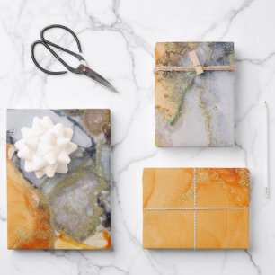 Abstract Grey Orange Gold Alcohol Ink  Wrapping Paper Sheet