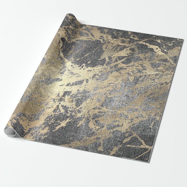 Abstract Grey Paint Golden  Metallic Strokes Wrapping Paper (Unrolled)