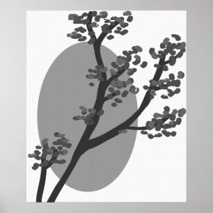 Abstract Grey Tree and Moon Silhouette Poster