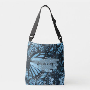 Abstract Grunge Blue Butterfly Art Personalised Crossbody Bag