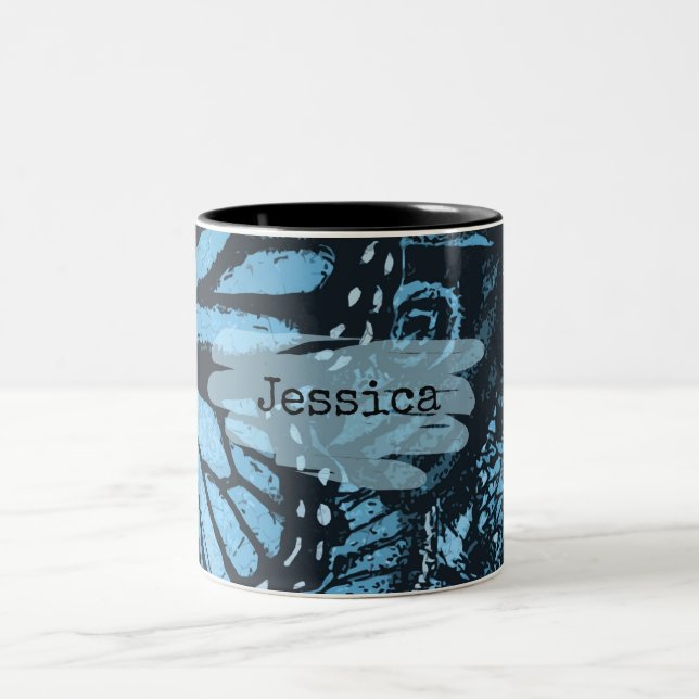 Abstract Grunge Blue Butterfly Art Personalised Two-Tone Coffee Mug (Center)