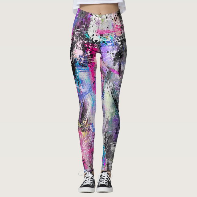 Abstract Grungy Colourful Paint Leggings (Front)