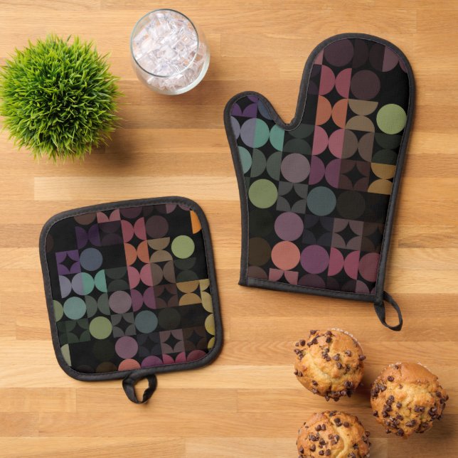 Abstract Half Circles Mod Op Fusion Art Pattern Oven Mitt & Pot Holder Set (Top Down)