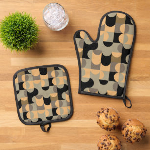 Abstract Half Circles Mod Op Fusion Art Pattern Oven Mitt & Pot Holder Set