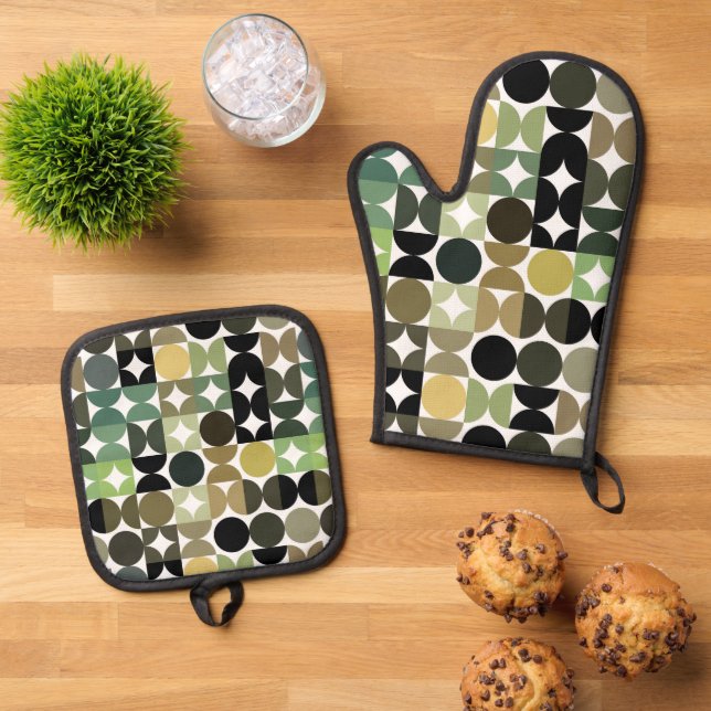 Abstract Half Circles Mod Op Fusion Art Pattern Oven Mitt & Pot Holder Set (Top Down)