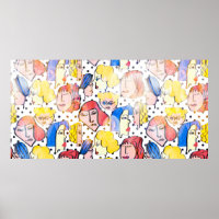 Abstract hand drawing woman faces cartoon with wat