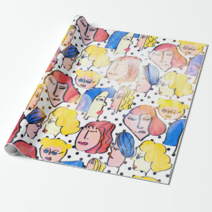 Abstract hand drawing woman faces cartoon with wat wrapping paper