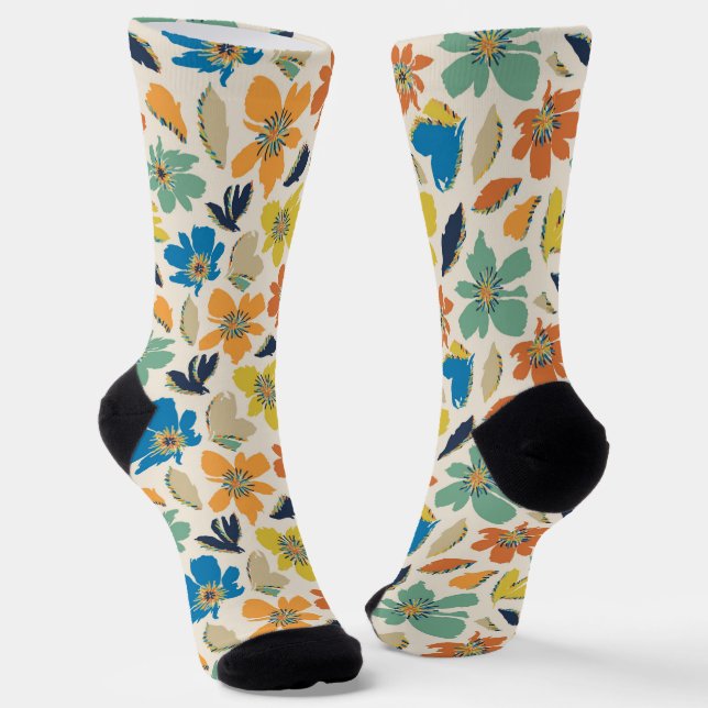 Abstract Hand-Drawn Boho Floral Pattern Socks (Angled)