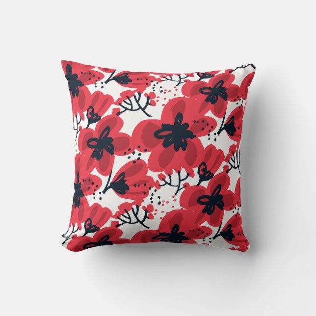 Abstract hand drawn red flowers seamless pattern throw pillow (Front)