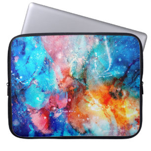 Abstract hand-made texture. Marbling blue and oran Laptop Sleeve