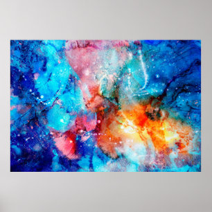 Abstract hand-made texture. Marbling blue and oran Poster