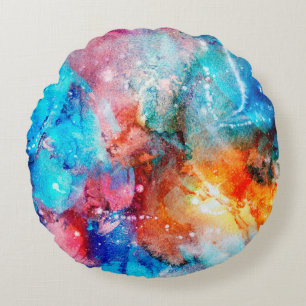 Abstract hand-made texture. Marbling blue and oran Round Pillow