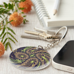 Abstract Happy Dance Neon Gold Fractal Art Keychain