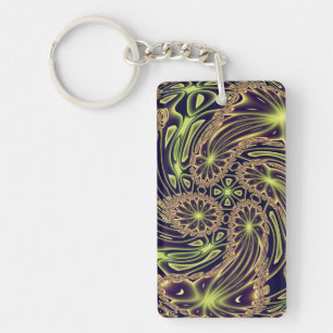 Abstract Happy Dance Neon Gold Fractal Art Keychain