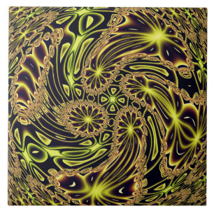 Abstract Happy Dance Neon Gold Fractal Art Tile