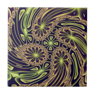 Abstract Happy Dance Neon Gold Fractal Art Tile
