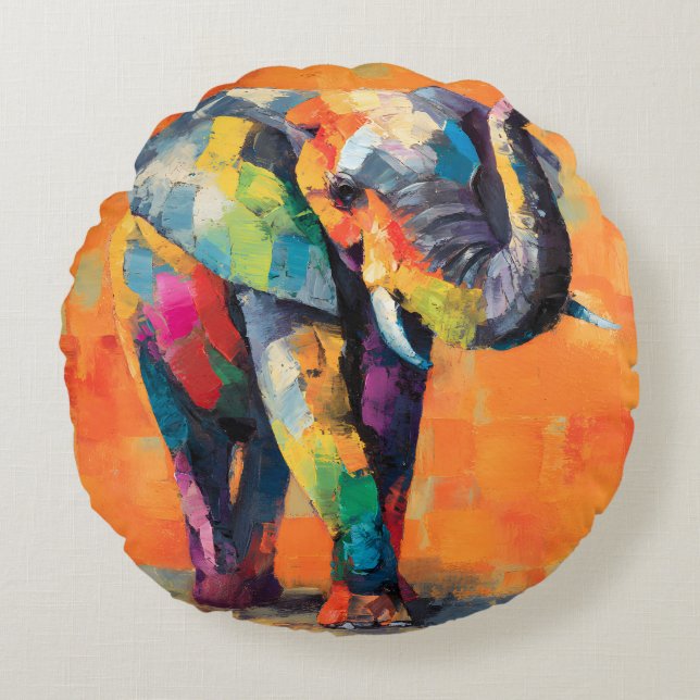 Abstract Happy Rainbow Elephant Round Pillow (Front)