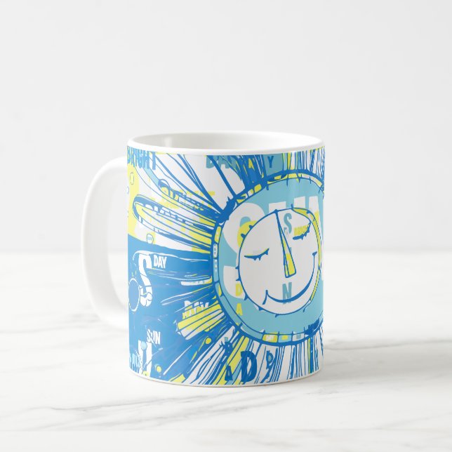 Abstract Happy Whimsical Sun Word Art Coffee Mug (Front Left)