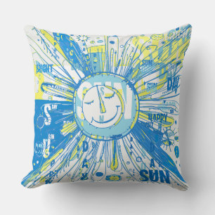 Abstract Happy Whimsical Sun Word Art Throw Pillow
