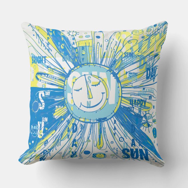 Abstract Happy Whimsical Sun Word Art Throw Pillow (Front)