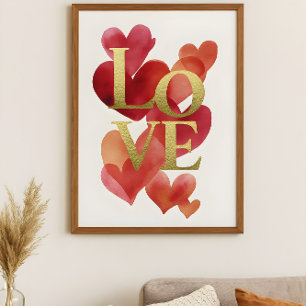 Abstract Hearts and Gold LOVE Typography Art Poster
