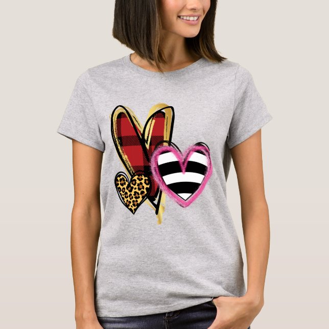 Abstract Hearts Red Plaid Cheetah Black Stripe T-Shirt (Front)