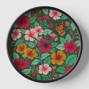 Abstract Hibiscus Garden Butterfly Art Clocks