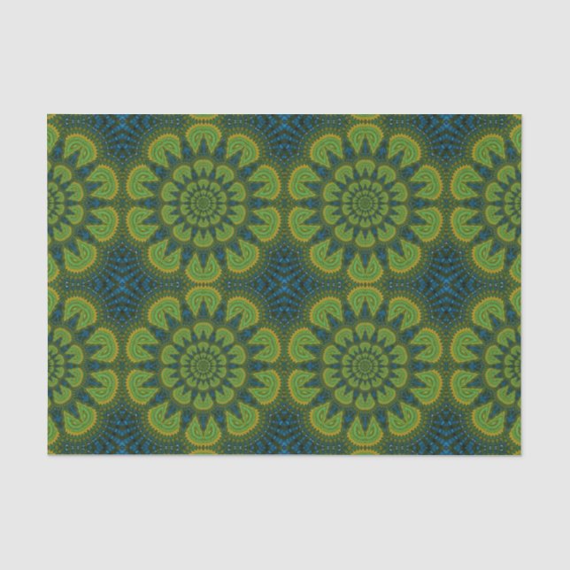   Abstract Hippie Green & Navy Blue Flowers Ethnic Tissue Paper (Front)