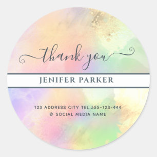 Abstract holographic gold modern script thank you classic round sticker