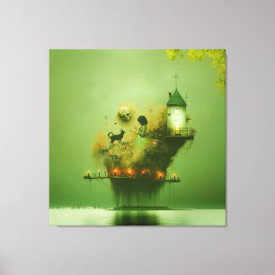 Abstract Horns Cat Green Occult Dark Witchy AI Art Canvas Print