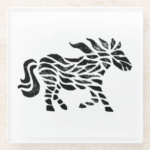 Abstract Horse Woodblock Print  Glass Coaster