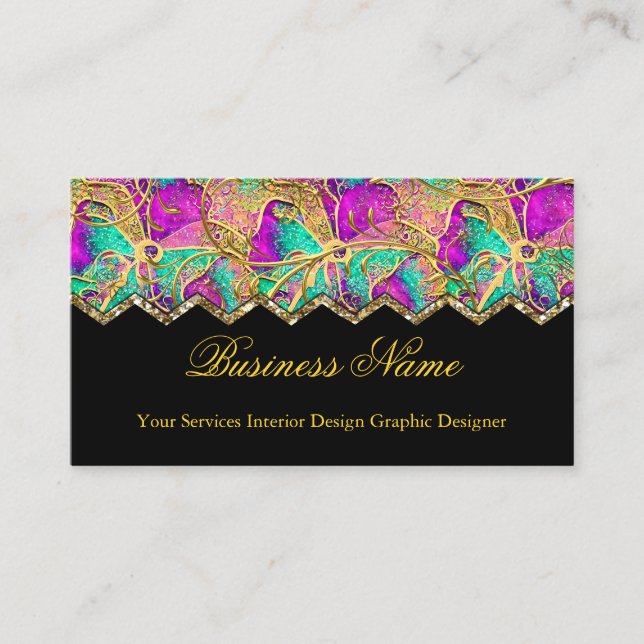Abstract Hot Pink Purple Teal Gold Black Business Card (Front)