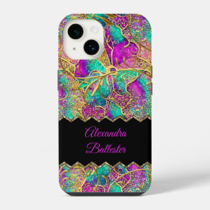 Abstract Hot Pink Purple Teal Gold iPhone 14 Case
