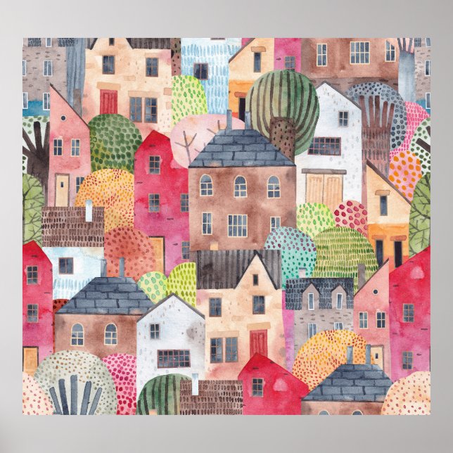 Abstract Houses: Watercolor Seamless Background. Poster (Front)