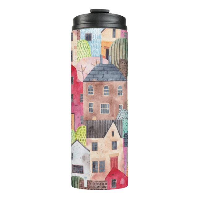 Abstract Houses: Watercolor Seamless Background. Thermal Tumbler (Front)