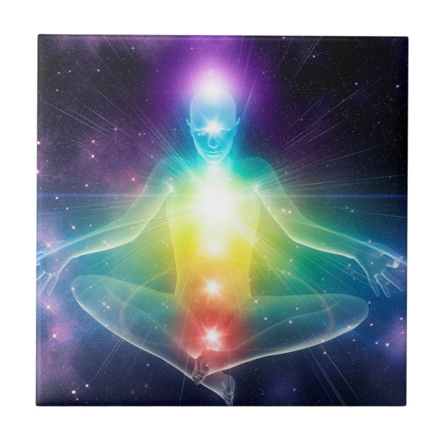 Abstract humanoid lotus yoga pose with chakras tile (Front)