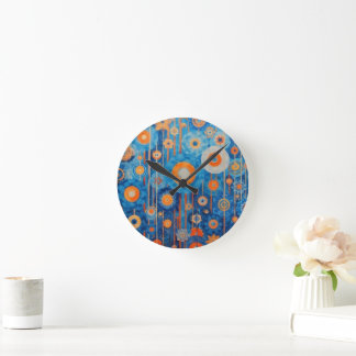 Abstract in Blue and Orange floral Round Clock