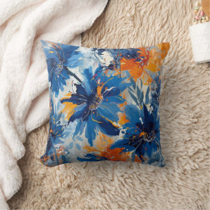 Abstract in Blue and Orange floral  Throw Pillow