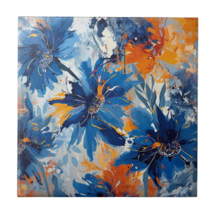Abstract in Blue and Orange floral Tile
