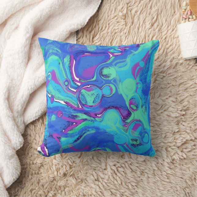 Abstract In Blues, Greens, & Purples Throw Pillow (Blanket)