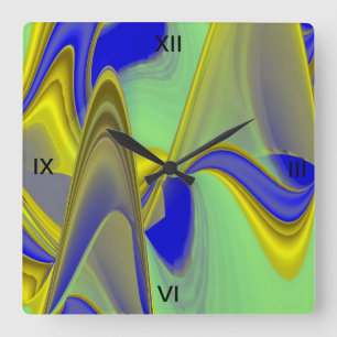 abstract in gold-yellow blue square wall clock