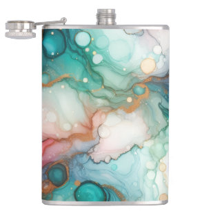 Abstract in Pink, Teal, Blue, and Gold Hip Flask