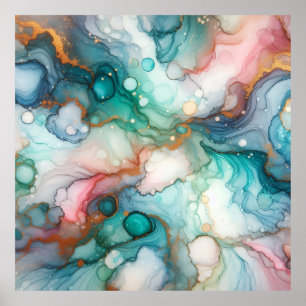 Abstract in Pink, Teal, Blue, and Gold Poster