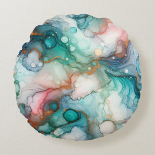 Abstract in Pink, Teal, Blue, and Gold Round Pillow