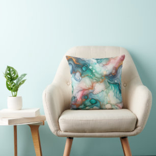 Abstract in Pink, Teal, Blue, and Gold Throw Pillow