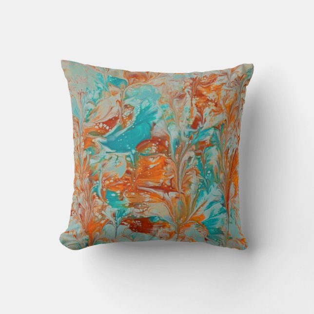 Abstract in Turquoise and Orange Throw Pillow (Front)