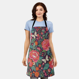Abstract Indian Floral Peonies Butterflies Apron