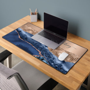 Abstract Indigo Blue Agate Marble Modern Rose Gold Desk Mat