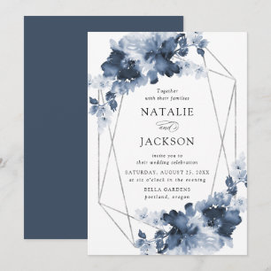 Abstract Indigo Floral Geometric Frame Wedding Invitation