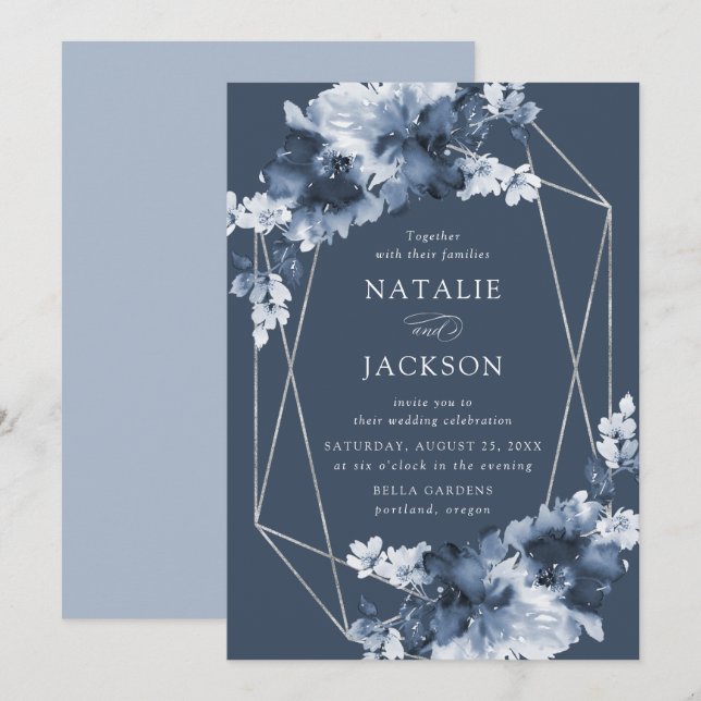 Abstract Indigo Floral | Geometric Frame Wedding Invitation (Front/Back)